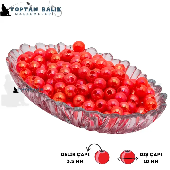 İthal Camgöz Kırmızı Sazan Balık Boncuğu 10 mm (İç Çap: 3.5 mm) - 500 Gr Paket