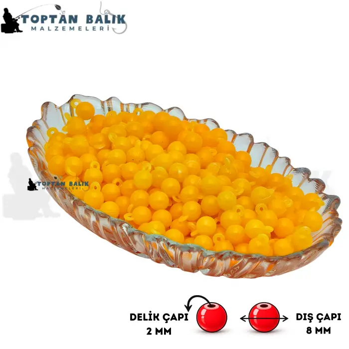 Kulplu Sarı Sazan Balık Boncuğu 8 mm (Kulp / İç Çap: 2 mm) - 500 Gr Paket