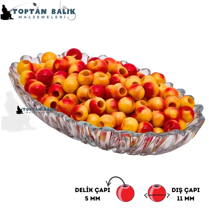 Sarı-Kırmızı Sazan Balık Boncuğu 11 mm (İç Çap: 5 mm) - 500 Gr Paket