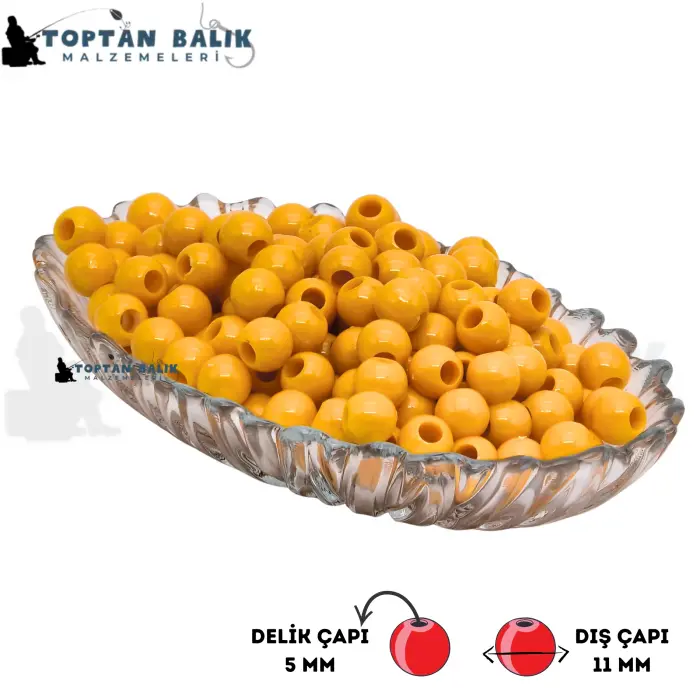 Sarı Sazan Balık Boncuğu 11 mm (İç Çap: 5 mm) - 500 Gr Paket