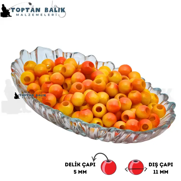 Sarı-Turuncu Sazan Balık Boncuğu 11 mm (İç Çap: 5 mm) - 500 Gr Paket