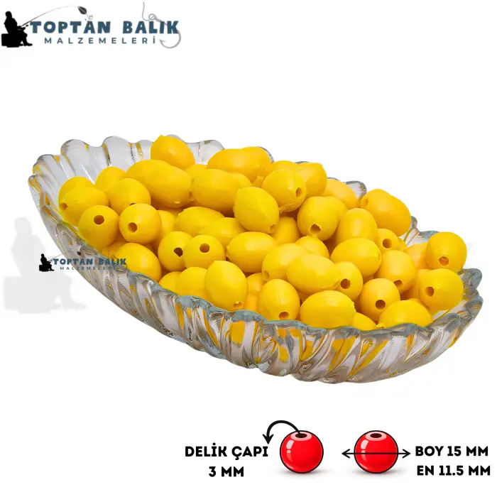 Zeytin Formunda Sarı Sazan Balık Boncuğu 15 x 11.5 mm (İç Çap: 3 mm) - 500 Gr Paket