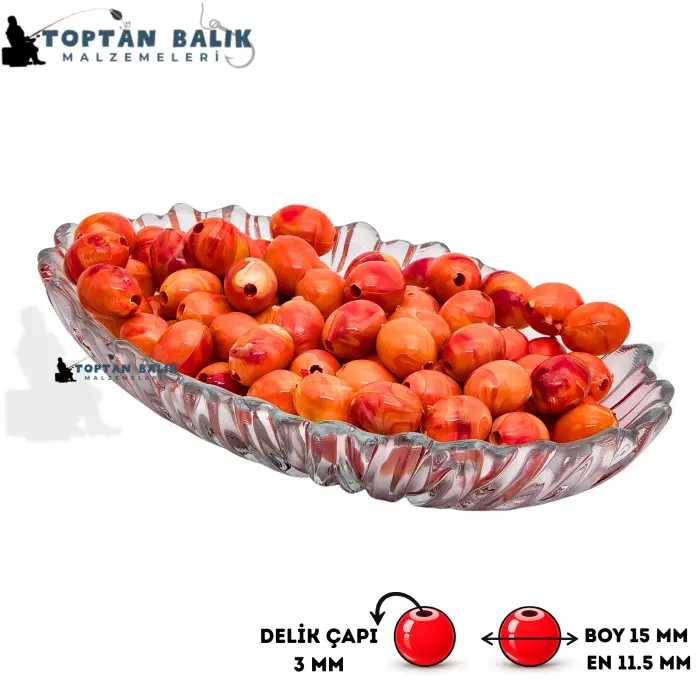 Zeytin Formunda Turuncu-Sarı Sazan Balık Boncuğu 15 x 11.5 mm (İç Çap: 3 mm) - 500 Gr Paket