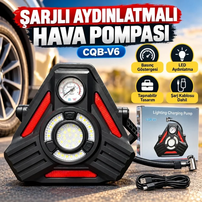 COB-V6 Çok Amaçlı Şarjlı Hava Pompası 1500 Lümen Fener ve Kırmızı Işıklı Araç Reflektörü
