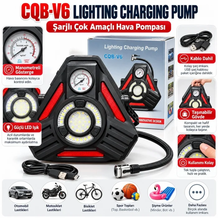 COB-V6 Çok Amaçlı Şarjlı Hava Pompası 1500 Lümen Fener ve Kırmızı Işıklı Araç Reflektörü