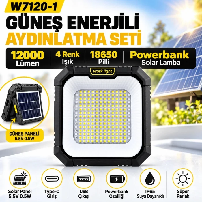 W7120-1 Güneş Enerjili Aydınlatma Seti 12000 Lümen 4 Renk Işık 18650 Pilli Powerbank Solar Lamba