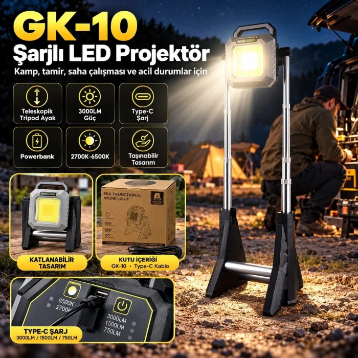 GK-10 Ayaklı Projektör Kablosuz Taşınabilir Şarjlı LED Tripod Çalışma ve Kamp Lambası