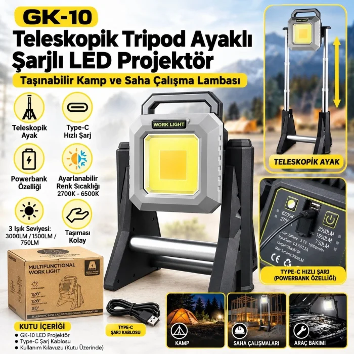 GK-10 Ayaklı Projektör Kablosuz Taşınabilir Şarjlı LED Tripod Çalışma ve Kamp Lambası