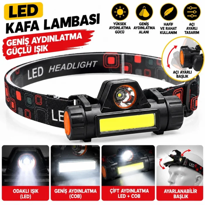 101 Kafa Lambası Cree + COB LED 2 Modlu Güçlü Mıknatıslı USB Şarjlı Mini Kafa Feneri (Adaptörlü)