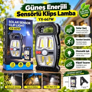 YX-667W Solar Lamba 2400mAh 1200 Lümen Hareket Sensörlü Type-C Şarjlı Güneş Panelli Aydınlatma