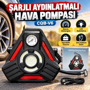 COB-V6 Çok Amaçlı Şarjlı Hava Pompası 1500 Lümen Fener ve Kırmızı Işıklı Araç Reflektörü