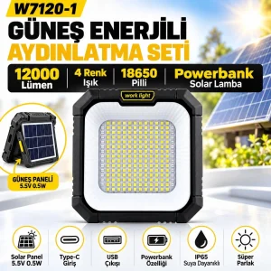 W7120-1 Güneş Enerjili Aydınlatma Seti 12000 Lümen 4 Renk Işık 18650 Pilli Powerbank Solar Lamba