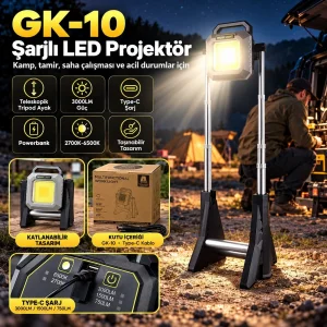 GK-10 Ayaklı Projektör Kablosuz Taşınabilir Şarjlı LED Tripod Çalışma ve Kamp Lambası