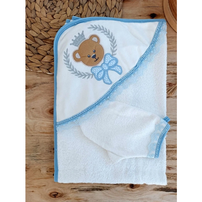 0-1 Yaş Bear Nakışlı El Keseli 2li Erkek Bebek Havlu Takımı Mavi