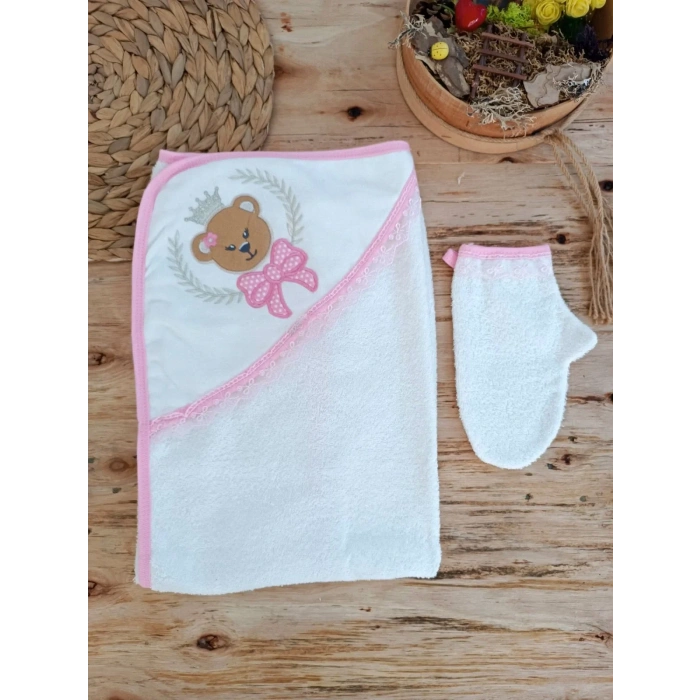 0-1 Yaş Bear Nakışlı El Keseli 2li Kız Bebek Havlu Takımı Pembe