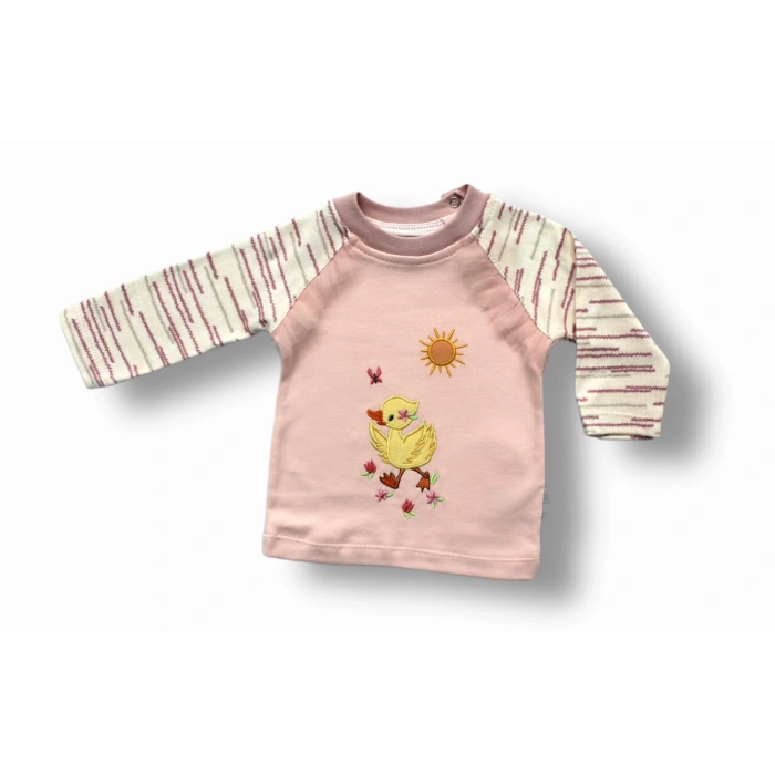 0-3 3-6 6-9 Ay Süslü Ördek Nakışlı Uzun Kollu Sweatli 2li Kız Bebek Takımı Pembe