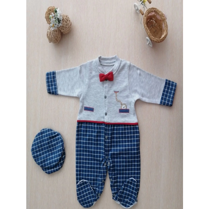 0-3 3-6 Ay Cep Saatli Kasketli Papyonlu Erkek Bebek Tulum Lacivert