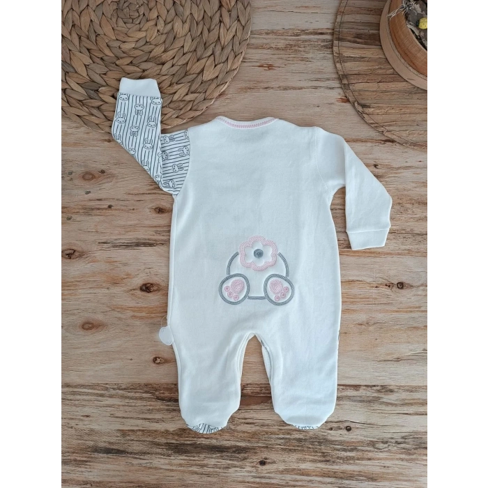 0-3 3-6 Ay Minik Tavşan Nakışlı Boydan Çıtçıt Kapamalı Kız Erkek Bebek Tulumu Ekru