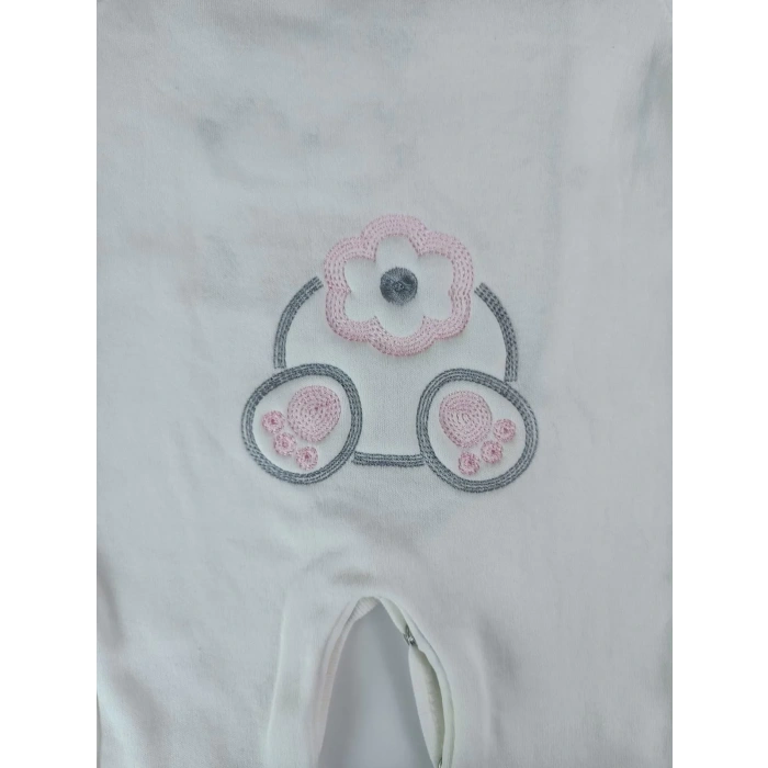 0-3 3-6 Ay Minik Tavşan Nakışlı Boydan Çıtçıt Kapamalı Kız Erkek Bebek Tulumu Ekru