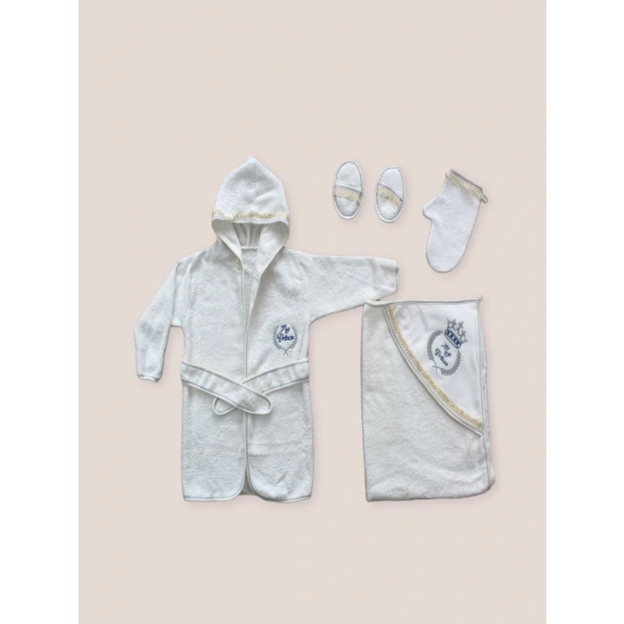 0-6 Ay Kaplan Nakışlı Bornozlu 5li Erkek Bebek Havlu Silgi Takımı Mavi