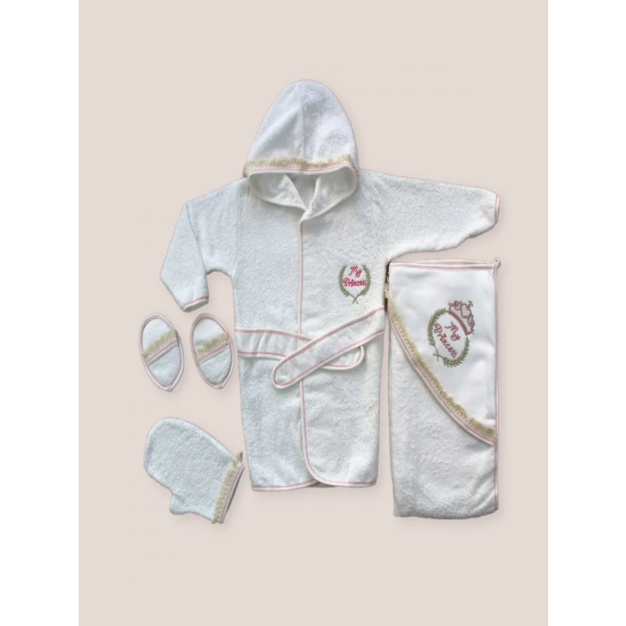 0-6 Ay Kaplan Nakışlı Bornozlu 5li Kız Bebek Havlu Silgi Takımı Pembe