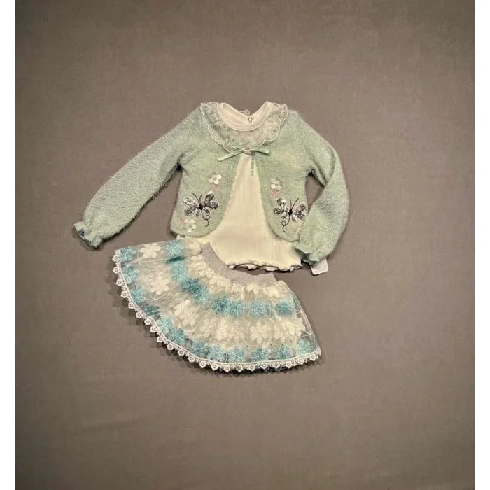 1-2-3 Yaş Brode Etekli Örme Hırkalı Uzun Kollu Sweat 3lü Kız Çocuk Takımı Su Yeşili