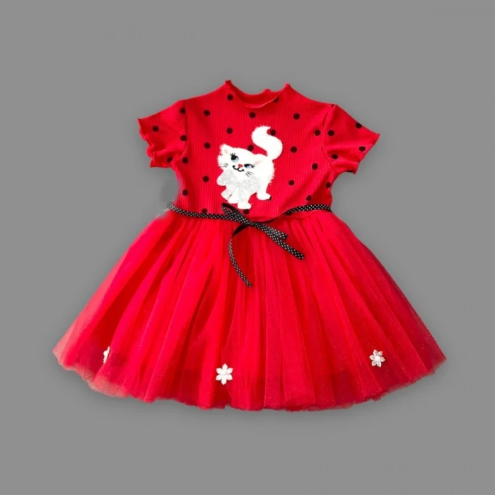 1-2-3 Yaş Payetli Kedicik Baskılı Puantiyeli Kız Bebek Elbisesi Kırmızı
