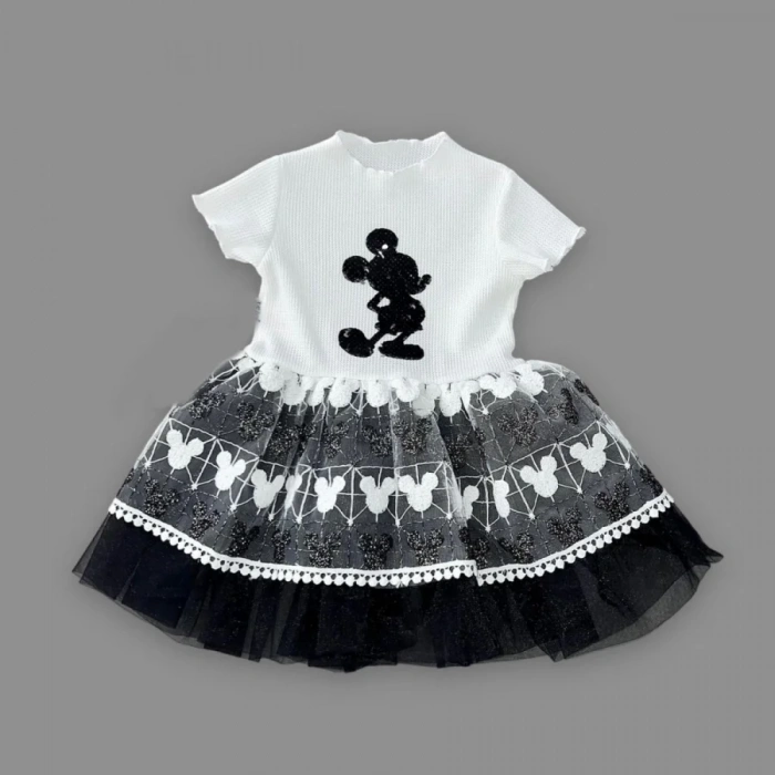 1-2-3 Yaş Payetli Mickey Baskılı Brode Etekli Kız Bebek Elbisesi Siyah