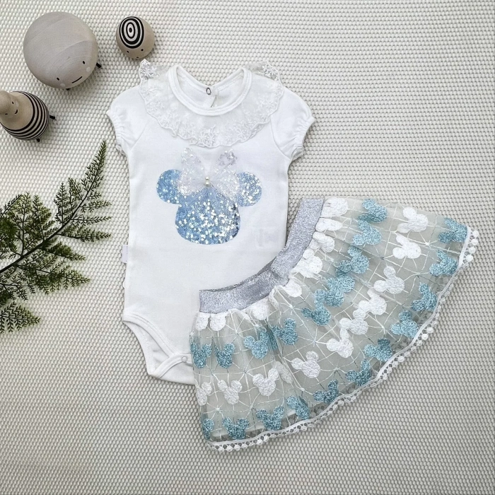 1-2-3 Yaş Payetli Mickey Nakışlı Kısa Kollu Brode Etekli 2li Kız Bebek Takımı Turkuaz