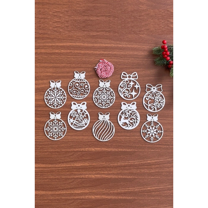 10 Parça Kırmızı Beyaz İpli Fiyonk Model Ahşap Yılbaşı Ağaç Süsü (4172)