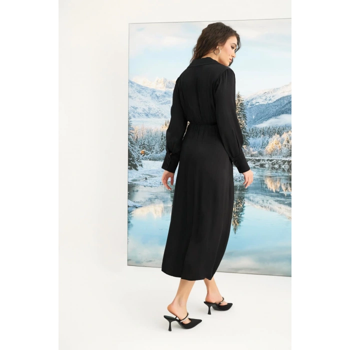 %100 Viskon Uzun Kollu Saten Elbise