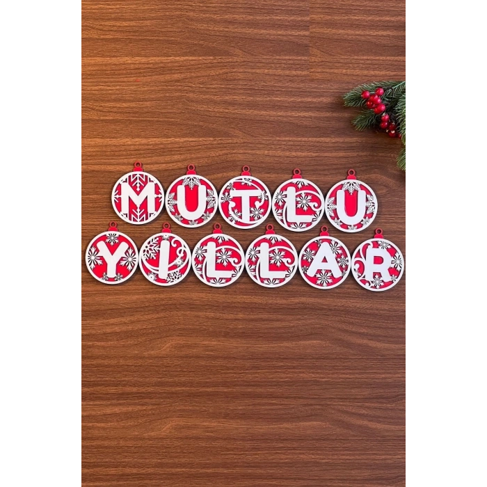 11 Harfli Kırmızı Beyaz İpli Mutlu Yıllar Yazılı Ahşap Yılbaşı Ağaç Süsü (4172)