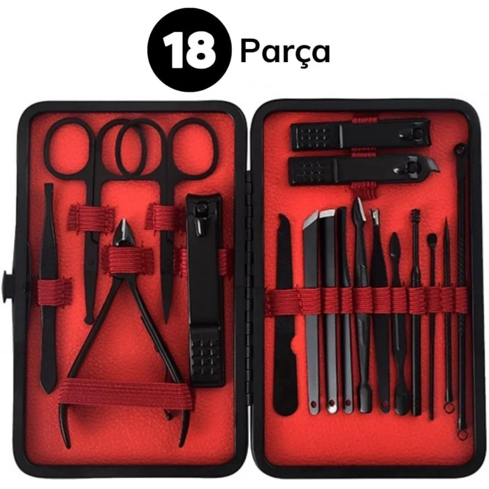 18 Parça Manikür Pedikür Set Kutusu Çelik Deri Çantalı Bakım Seti (4172)