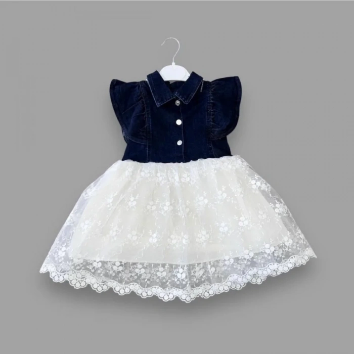 2-3-4 Yaş Astarlı Brode Etekli Kot Kumaş Düğmeli Kız Çocuk Elbisesi Lacivert