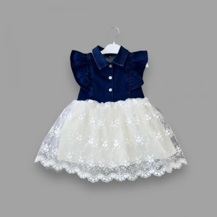 2-3-4 Yaş Astarlı Brode Etekli Kot Kumaş Düğmeli Kız Çocuk Elbisesi Mavi