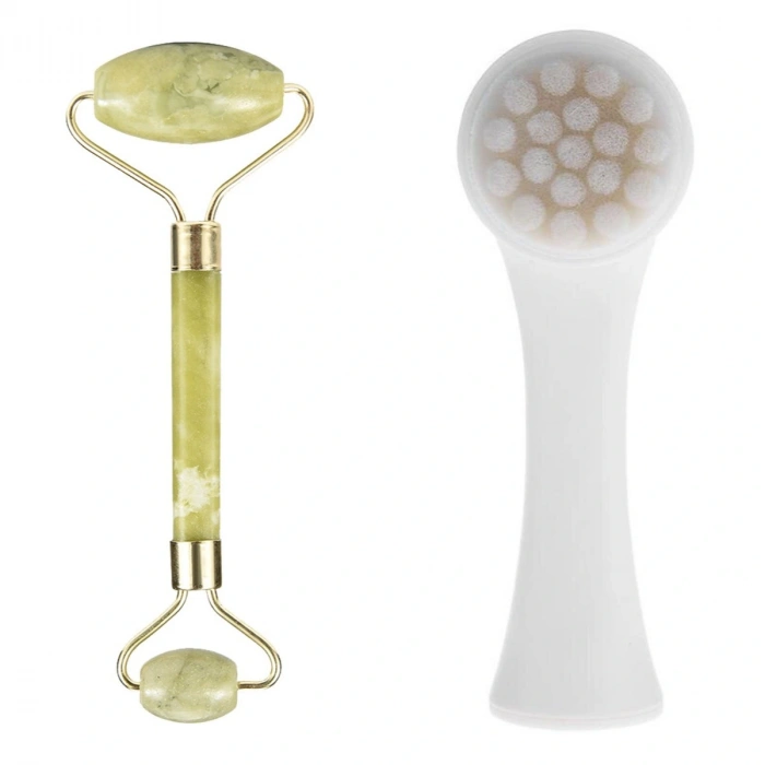 2'li Set Çift Taraflı Cilt Temizleme Fırçası Ve Yeşim Taşı Çift Taraflı Cilt Masaj Aleti (4172)