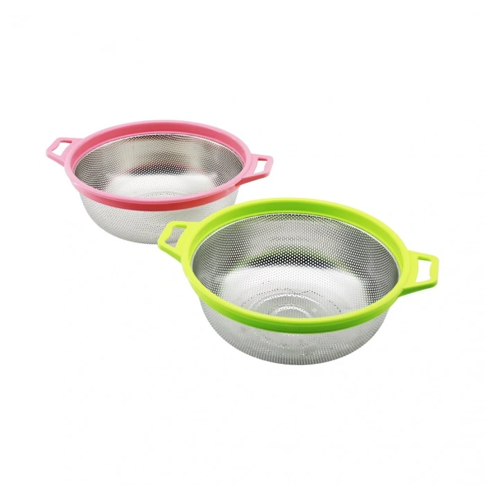 24cm Renkli Plastik Çerçeve - Kulplu Çelik Sepet Metal Süzgeç (4172)