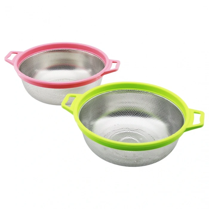 27cm Renkli Plastik Çerçeve - Kulplu Çelik Sepet Metal Süzgeç (4172)