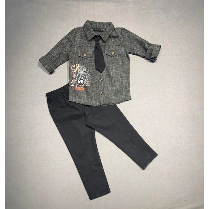 3-4-5 Yaş Kravatlı Keten Gömlek Gabardin Pantolon Uzun Kollu 3lü Erkek Çocuk Takımı Siyah