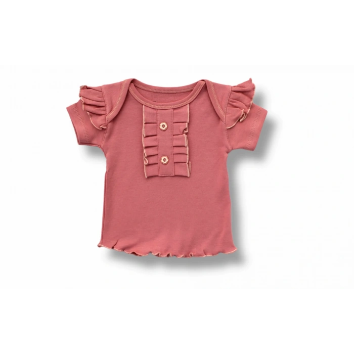 3-6 6-9 9-12 12-18 Ay Düğme Detaylı Bandanalı Kısa Kollu Sweat 3lü Kız Bebek Takımı Gül Kurusu