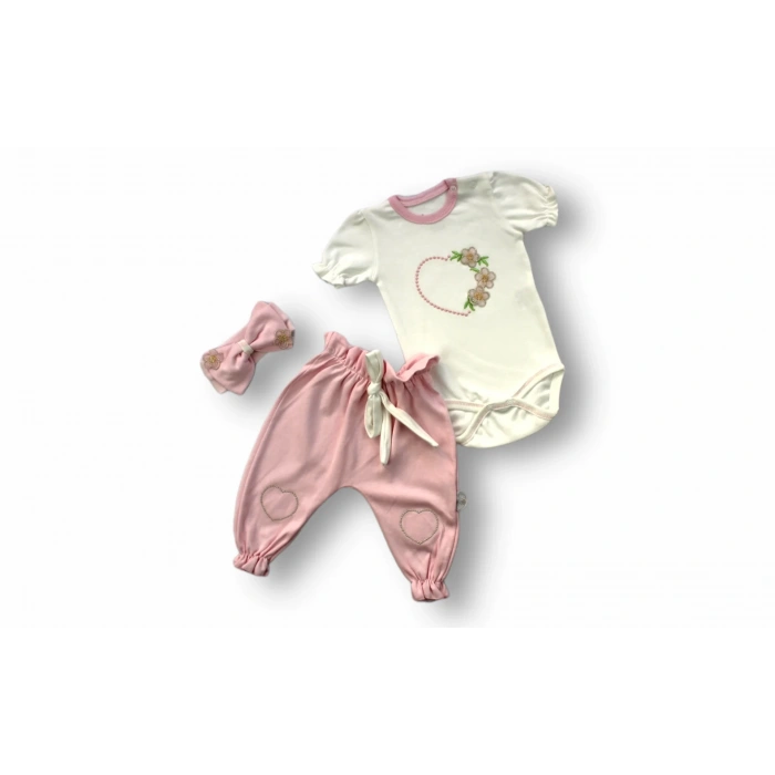 3-6 6-9 9-12 Ay Çiçekli Baharın Kalbi Nakışlı Bandanalı Kısa Kollu Zıbınlı 3lü Kız Bebek Takımı Ekru