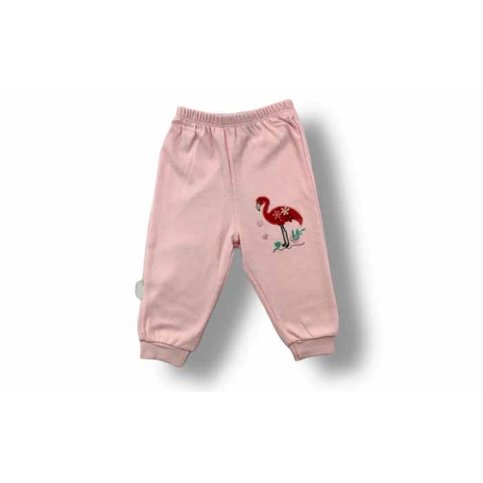 3-6 6-9 9-12 Ay Flamingo Nakışlı Uzun Kollu Sweatli 2li Kız Bebek Takımı Ekru