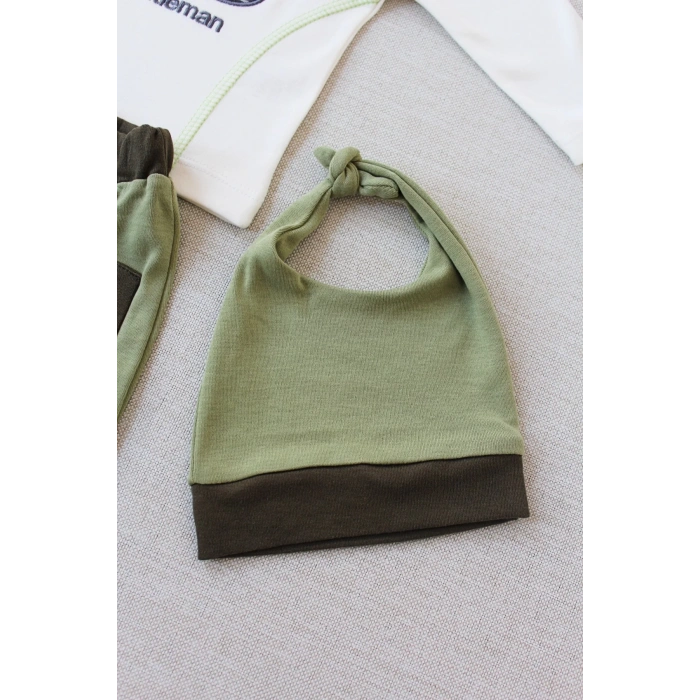 3-6 6-9 9-12 Ay Gentleman Erkek Nakışlı Şapkalı Uzun Kollu Sweat 3lü Erkek Bebek Takımı Yeşil