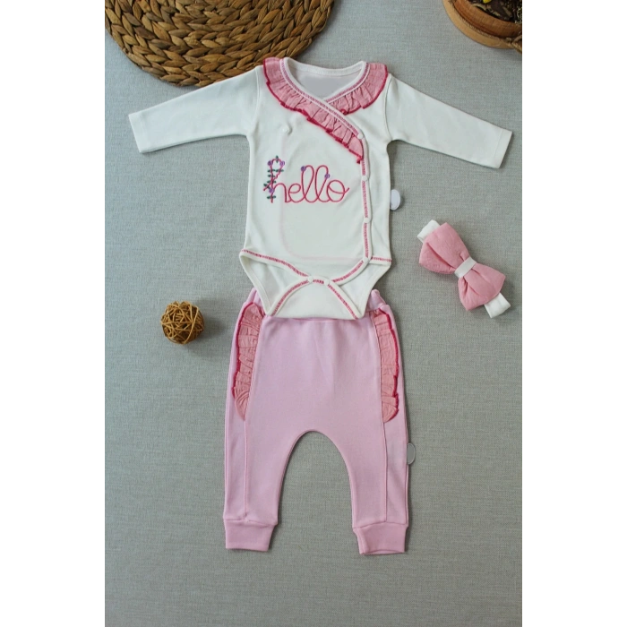 3-6 6-9 9-12 Ay Hello Nakışlı Kruvaze Bandanalı Uzun Kollu Zıbınlı 3lü Kız Bebek Takımı Pembe
