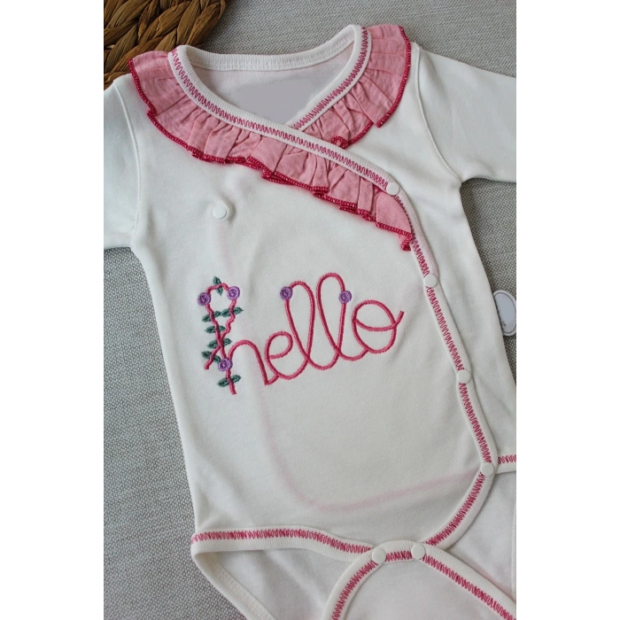 3-6 6-9 9-12 Ay Hello Nakışlı Kruvaze Bandanalı Uzun Kollu Zıbınlı 3lü Kız Bebek Takımı Pembe