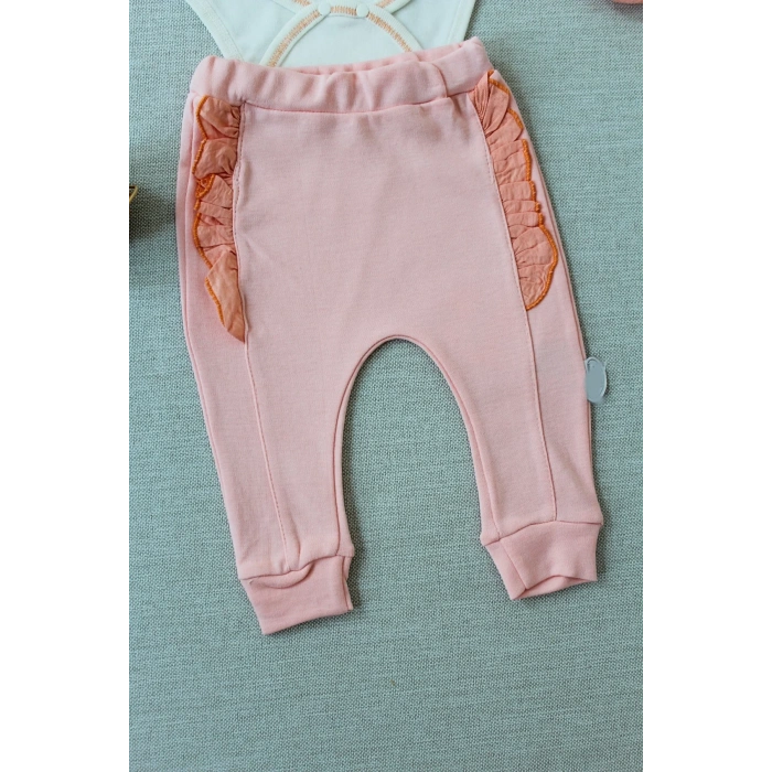 3-6 6-9 9-12 Ay Hello Nakışlı Kruvaze Bandanalı Uzun Kollu Zıbınlı 3lü Kız Bebek Takımı Somon