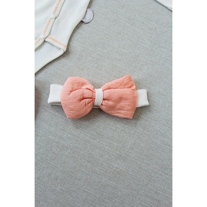 3-6 6-9 9-12 Ay Hello Nakışlı Kruvaze Bandanalı Uzun Kollu Zıbınlı 3lü Kız Bebek Takımı Somon