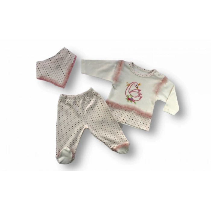 3-6 6-9 9-12 Ay Kraliçe Kuğu Nakışlı Bandajlı Uzun Kollu Sweatli 3lü Kız Bebek Takımı Ekru