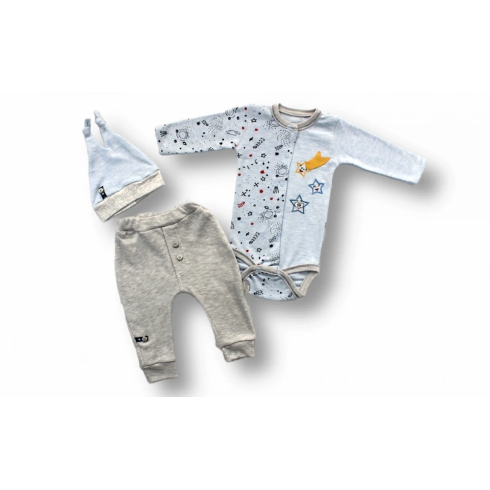 3-6 6-9 9-12 Ay Kuyruklu Yıldız Nakışlı Şapkalı Uzun Kollu Zıbınlı 3lü Kız-erkek Bebek Takımı Mavi