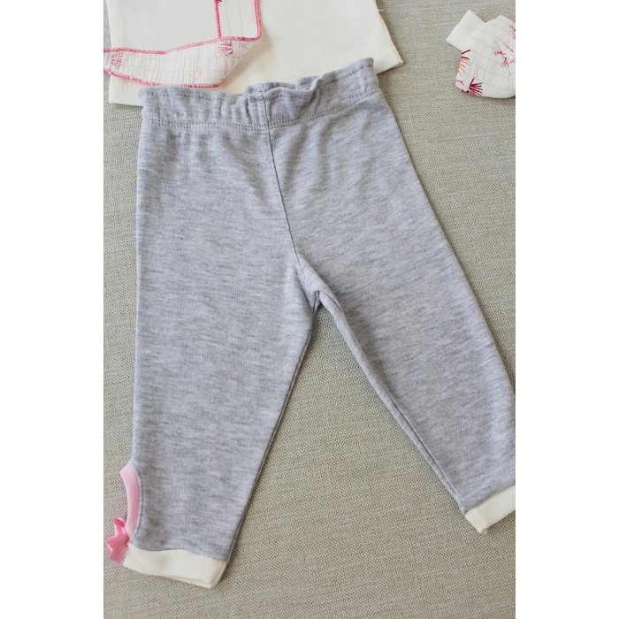 3-6 6-9 9-12 Ay Matmazel Yaka Fırfır Detaylı Bandanalı Uzun Kollu Sweat 3lü Kız Bebek Takımı Ekru